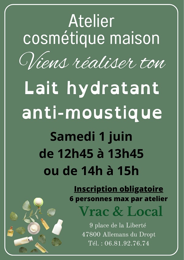 Atelier cosmétiques maison - Lait hydratant anti-moustique Le 1 juin 2024