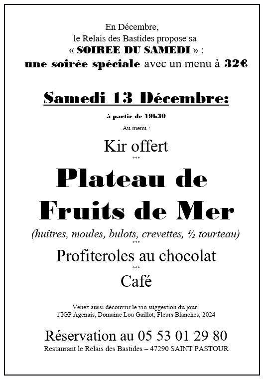 Soirée du samedi : plateau de fruits de mer