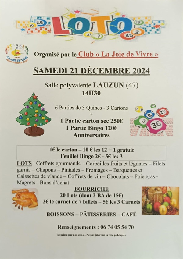 Loto du Club la Joie de Vivre Le 21 déc 2024