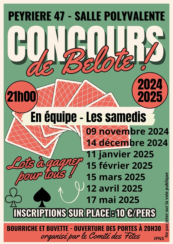 Concours de belote en équipe Du 9/11/2024 au 17/5/2025