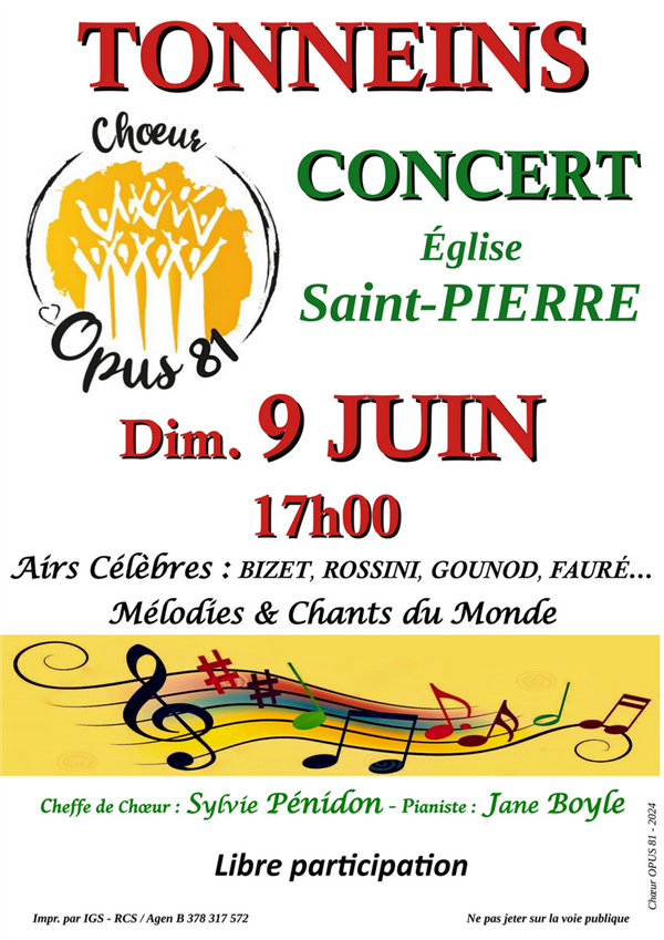 Concert avec le Chœur Opus 81 Le 9 juin 2024