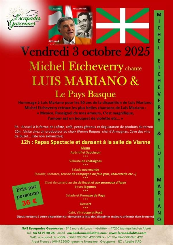 Repas spectacle et dansant : Michel Etcheverry chante Luis Mariano et le Pays Basque