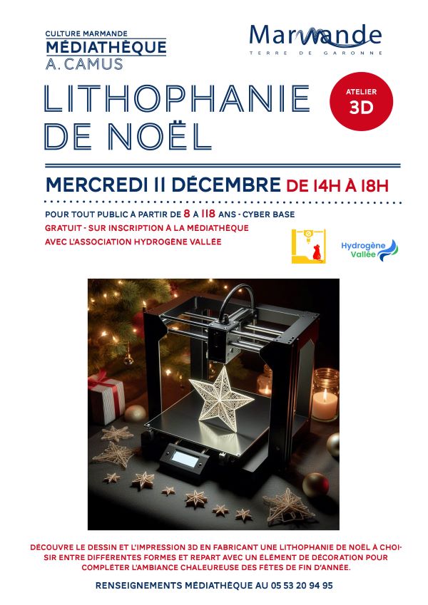 Atelier 3D " Lithophanie de Noël" à la Médiathèque Le 11 déc 2024