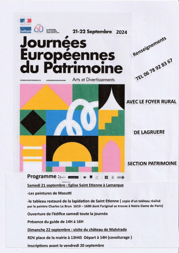 Journées Européennes du Patrimoine à Lagruère Du 21 au 22 sept 2024