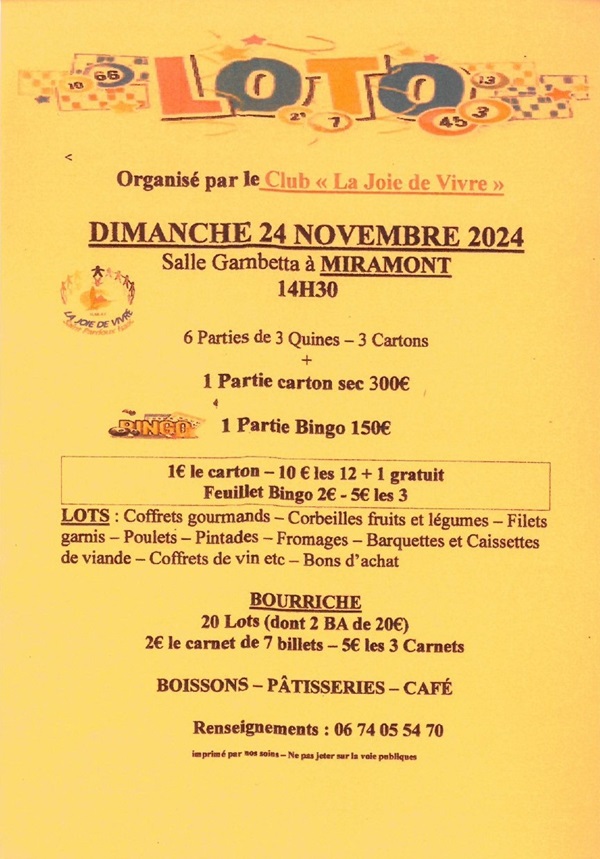 Loto du club de la Joie de Vivre Le 24 nov 2024