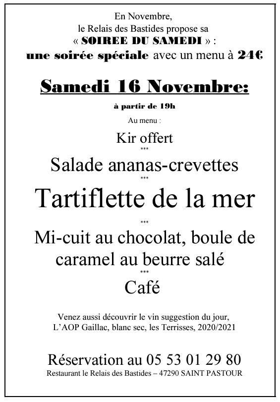 Soirée du samedi : tartiflette de la mer Le 16 nov 2024